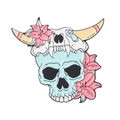Blue skull enamel pin with pink lilies and horned animal skull in gothic art style - Blue Skull with Lily