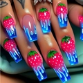 Close-up of long coffin press-on nails with strawberry motifs and blue dripping paint effects - Sweet Strawberry Blue Drip Style (AW357)