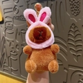 Cute plush bear keychain wearing a pink rabbit hood with a gold metal keyring - Rabbit Hood Capybara