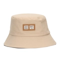 Beige bucket hat with leather patch featuring a winking smiley face and stitched brim - Khaki