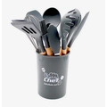 Detailed close-up of 12-piece gray silicone kitchen utensils with natural wooden handles - Gray
