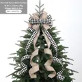 Large rustic burlap Christmas tree topper bow with black and white plaid ribbons - Khaki Black White Plaid