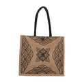 Ethnic brown jute tote bag with mandala floral pattern and black rope handles - Pattern 3 Geometric Triangle