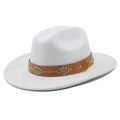 Close-up of white wool fedora with brown leather band and silver metal rivets - M (56-58cm) / White