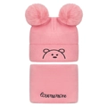 Pink knitted baby hat and neck warmer set with cute pom-poms and cartoon bear - Pink