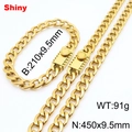 9.5mm gold-plated stainless steel Cuban link chain necklace and bracelet jewelry set - Style A (Box Clasp) / 9.5mm Width/45cm Chain / Gold