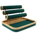 Green velvet and bamboo 3-tier jewelry display stand with ring tray and metal accents - Dark Green