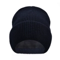 Close-up of winter knitted beanie with double-layer wool lining and ribbed texture - Wool Solid Color Beanie / Adult / Navy Blue