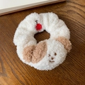 Cute white plush puppy hair tie with brown ears and red embroidery on wood background - 75# White Plush Puppy