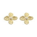 French vintage gold flower stud earrings with pearl centers on a white background - Textured 4-Petal Pearl Flower / Gold
