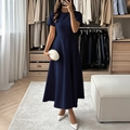 Elegant short sleeve high waist A-line long evening dress in navy blue finish - S / Navy Blue