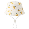 Close-up of baby sun hat featuring yellow cherry patterns and adjustable white wind strap - 48-51cm (1-4 Years) / Yellow Cherry