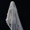 Velo de novia blanco de dos capas con flores 3D y perlas delicadas para bodas - Blanco