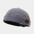 Grey brimless docker hat with a brown leather W patch and adjustable back strap - Adjustable / Letter W Patch Haze Blue