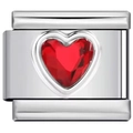 Silver stainless steel rectangular link charm featuring a centered red heart gemstone - 0075 - Heart-shaped Ruby