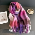 Detailed view of pink and purple gradient plaid scarf with thick fringe and soft texture - Pink Purple White Gradient Plaid (WJ137-37)
