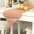 Linen Christmas table runner with red reindeer prints and decorative silk tassels - Beige Reindeer