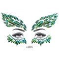 Teal and green rhinestone face jewels with symmetrical eye design, model L0079 - Emerald Green Aurora Style (L0079)
