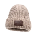 Oatmeal thick ribbed knit beanie for women with a brown leather decorative patch - Khaki