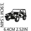 Detailed view of black and white off-road vehicle embroidery patch with size dimensions - 6.4x3.9cm