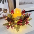 Centro de mesa navideño con vela LED, piñas, bayas rojas y luces de hilo cálido - Candelabro de hojas doradas (Con 1m luz LED, Sin vela)
