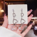 Silver long tassel heart earrings with sparkling cubic zirconia on S925 needles - Pave Bright Zirconia Heart Long Tassel Earrings (E0330)