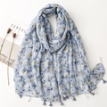 Light blue floral cotton linen scarf with tassels, elegant spring summer sun shawl - Light Blue Daisy