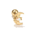 Close-up of golden moon and star stud earring with iridescent marquise opal stone - Moon & Star