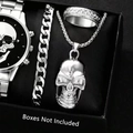 Silver skull jewelry set featuring a metallic watch, Cuban chain, necklace and ring - Skull 4-Piece Set (With Watch) / Silver