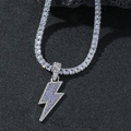 Detail of silver lightning pendant with purple and blue crystals on tennis chain - Blue Pendant + Necklace