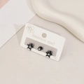 Close-up of black stainless steel star stud earrings and a faceted crystal stud on card - Star Style / Black