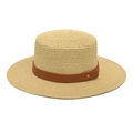 Detailed close-up of straw boater hat with dark brown leather band and gold stud accent - M (56-58cm) / Beige