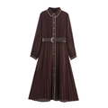 Dark brown pleated midi dress with long sleeves and matching waist belt on white background - XS / Coffee