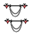 Gothic black stainless steel bat nipple rings with red heart stones and double chains - Bat Nipple Rings Pair 1.6x16mm