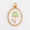 Oval gold pendant with green rose enamel and white crystals, floral DIY jewelry charm - Gold Oval Zirconia Inlaid Green Rose