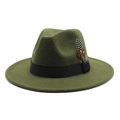 Dark green wool felt fedora hat with black ribbon and decorative feather accent - Army Green
