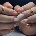 Pink and gold foil press-on nails with white shell texture and minimalist gold rings - Bz1598 Gold Flakes And Jade Fingers / Jelly Glue + Nail File