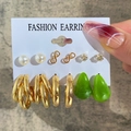 6-pair earring set featuring green teardrop pendants and golden hoops on display card - 6-Pair Set - Green Teardrop Pearl