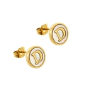 18K gold stainless steel round stud earrings featuring white shell and letter D design - Letter D / Gold