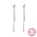 925 sterling silver long fringe drop earrings with sparkling cubic zirconia stones - Long Linear Tassel / Silver Slim Tassel (SE294)