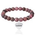 Pink zebra stone beaded bracelet with custom engraved heart charm in silver finish - Rhodonite