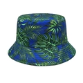 Detailed view of the tropical green palm leaf print on a dark blue bucket hat - M (56-58cm) / Blue