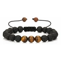 Adjustable braided bracelet with black lava stone and brown tiger eye beads for men - Volcanic Stone + Tiger Eye
