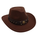Detail of dark brown wool felt cowboy hat with leather band and bronze rivet studs - One Size / Coffee