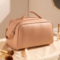 Pink checkered pillow cosmetic bag with gold zipper and top handle for travel - Rose Pink - Double-zip Bag