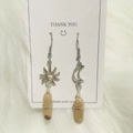 Asymmetrical sun and moon stainless steel earrings with wire-wrapped natural crystal beads - Jasper