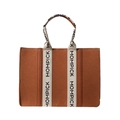 Brown felt tote bag with leather side panels and MOMPICK letter printed handles - Brown