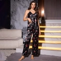 Damen Schlafanzug-Set aus Eisseide mit Blumentupfen, Camisole und langer Hose in Schwarz - S / Schwarz Bedruckt