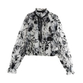 Transparente Netzbluse mit schwarzem Blumendruck und Schluppe am Ausschnitt - XS