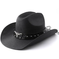 Classic black straw cowboy hat with silver bull head emblem and studded leather band - M (56-58cm) / All Black